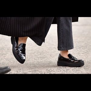 Tods Black Leather Platform Penny Loafers